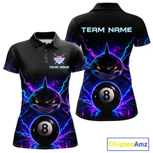 Load image into Gallery viewer, Neon shark 8 ball billiard polo shirt for women with custom pool team graphics.