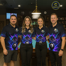 Load image into Gallery viewer, Pool team wearing matching neon shark 8 ball and 9 ball billiard jerseys during tournament competition front view.