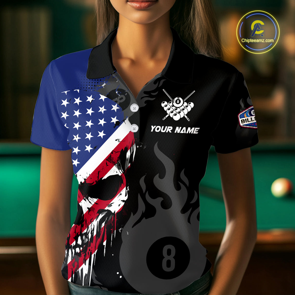 Grunge American Flag Skull 8 Ball Pool Custom Women Billiard Shirts, Patriotic Billiard Team Jerseys  TDM3249