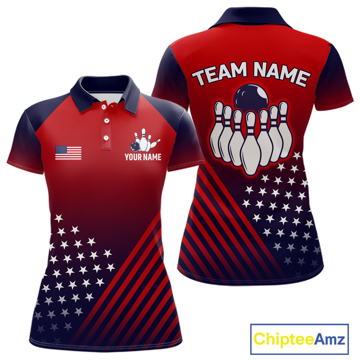 American Flag Bowling Jersey For Women, Custom Patriotic Bowling League Team Shirts Polo & 1/4 Zip TDM6544