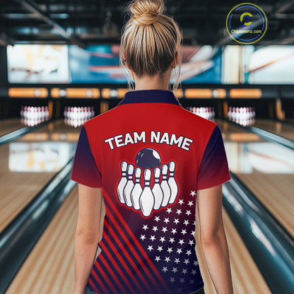 American Flag Bowling Jersey For Women, Custom Patriotic Bowling League Team Shirts Polo & 1/4 Zip TDM6544