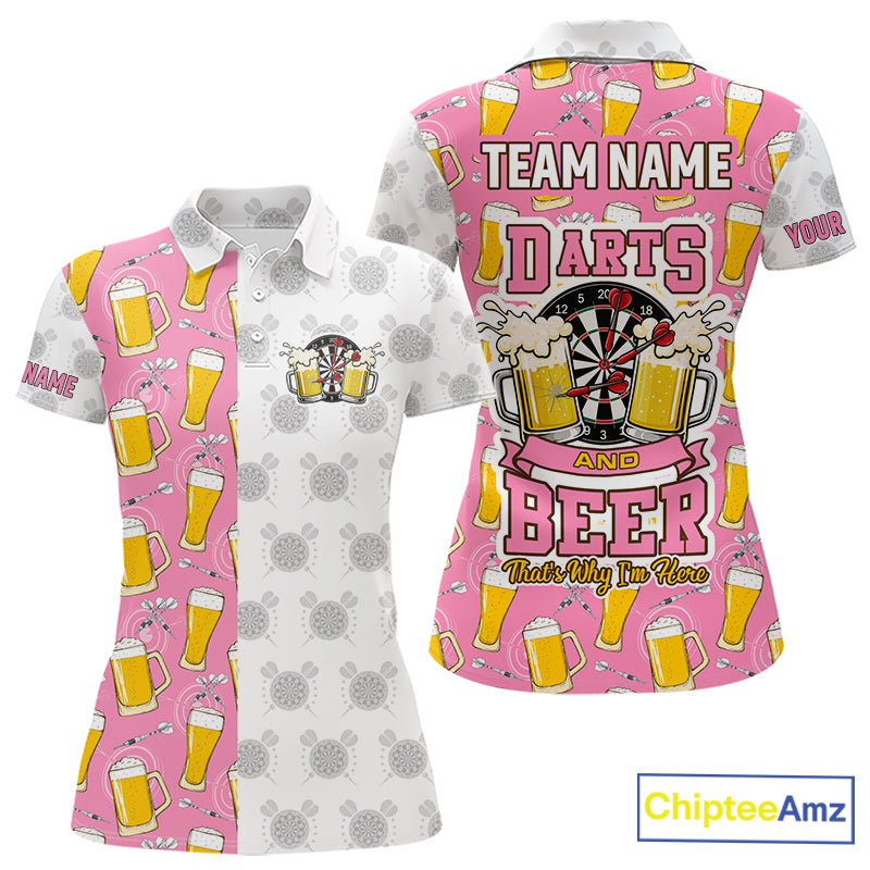 Pink and white darts and beer darts polo shirt for women with custom darts team graphics.