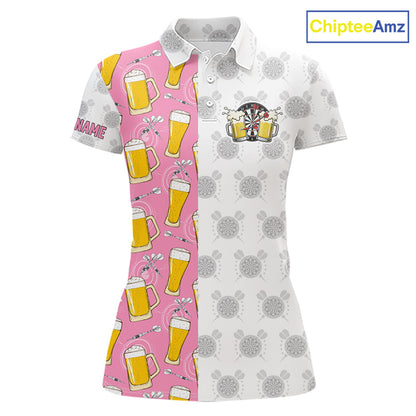 Pink and white darts and beer darts polo shirt for women with custom darts team graphics.
