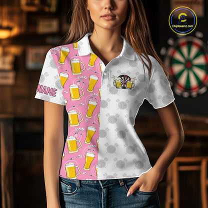 Woman wearing a pink and white darts and beer darts jersey front view.