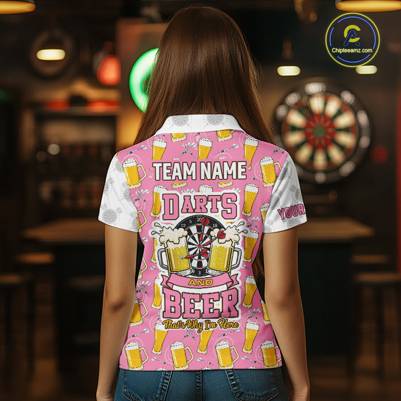 Back view of woman wearing a pink and white darts and beer darts shirt.