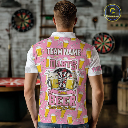 Back view of man wearing a pink and white darts and beer darts shirt.