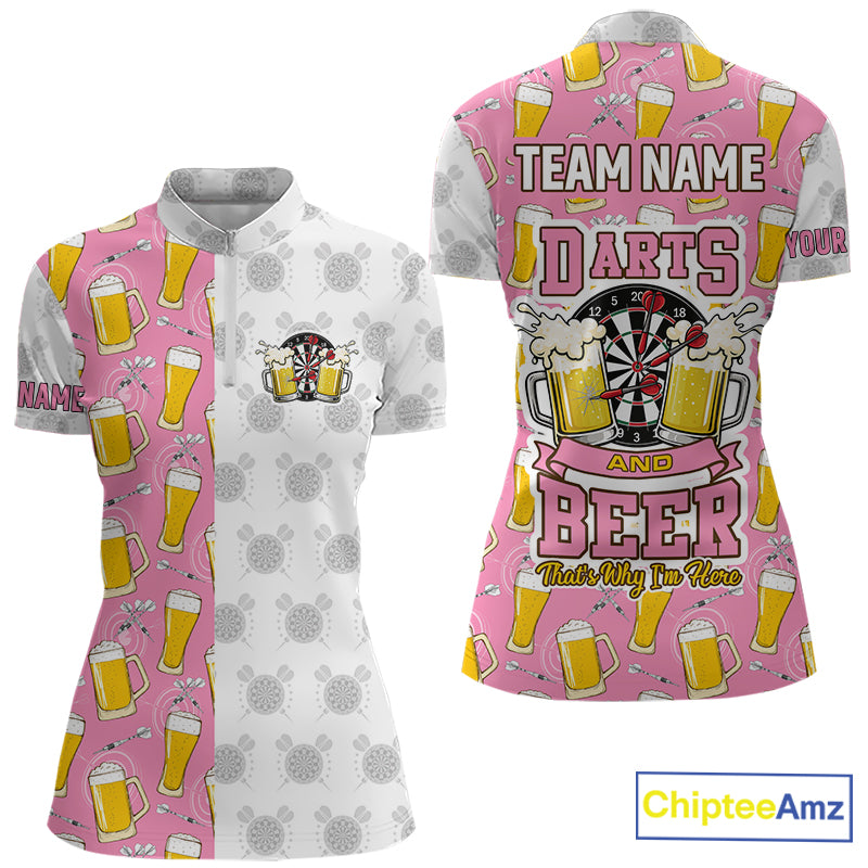 Pink and white darts and beer darts quarter zip shirt for women designed for league tournaments and team events.