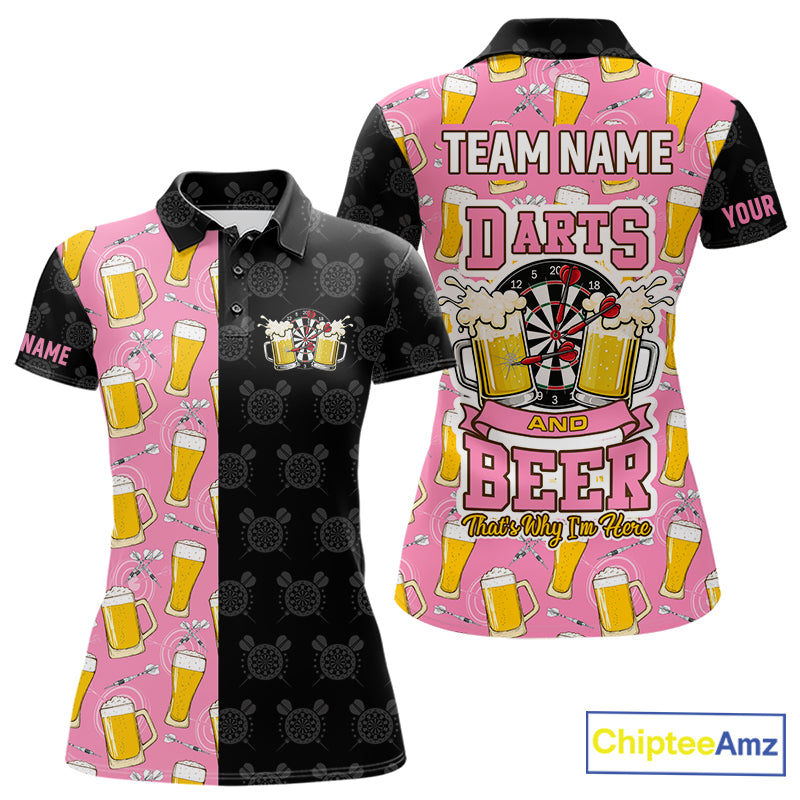 Pink and black darts and beer darts polo shirt for women with custom darts team graphics.