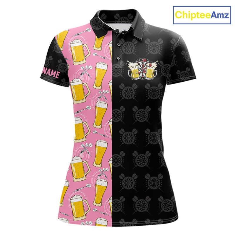 Pink and black darts and beer darts polo shirt for women with custom darts team graphics.