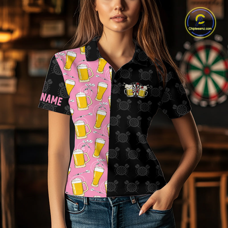 Woman wearing a pink and black darts and beer darts jersey front view.