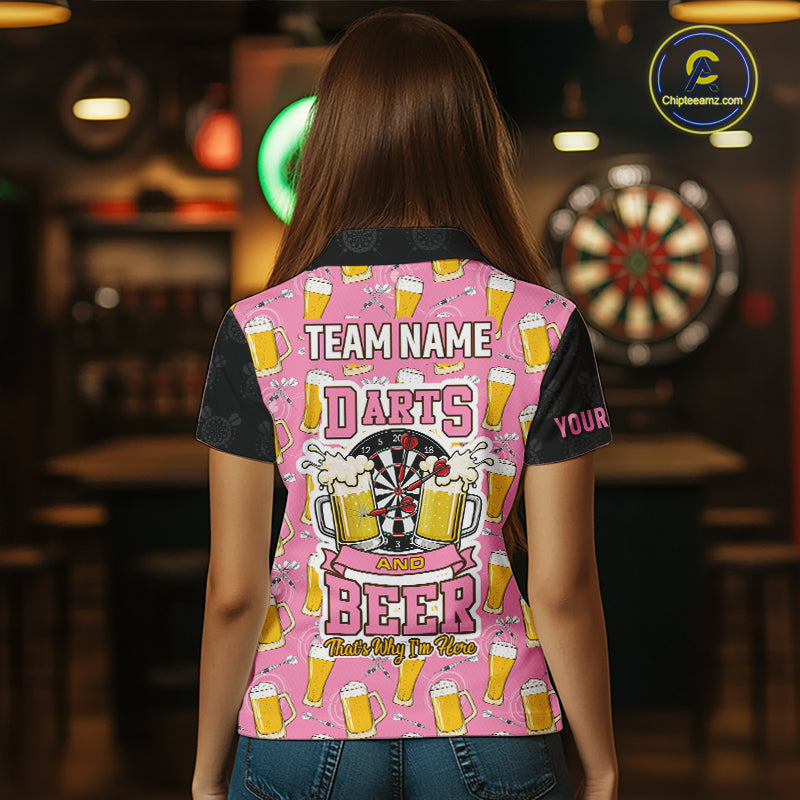Back view of woman wearing a pink and black darts and beer darts shirt.