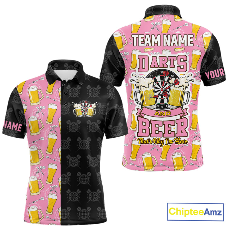 Pink and black darts and beer darts polo shirt for men with custom darts team graphics.