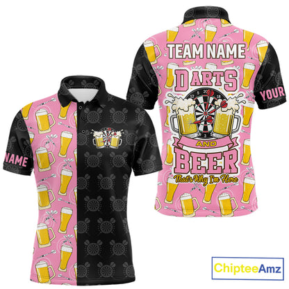 Pink and black darts and beer darts polo shirt for men with custom darts team graphics.