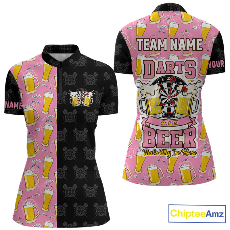 Pink and black darts and beer darts quarter zip shirt for women designed for league tournaments and team events.