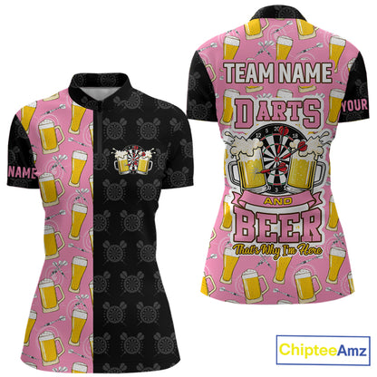 Pink and black darts and beer darts quarter zip shirt for women designed for league tournaments and team events.