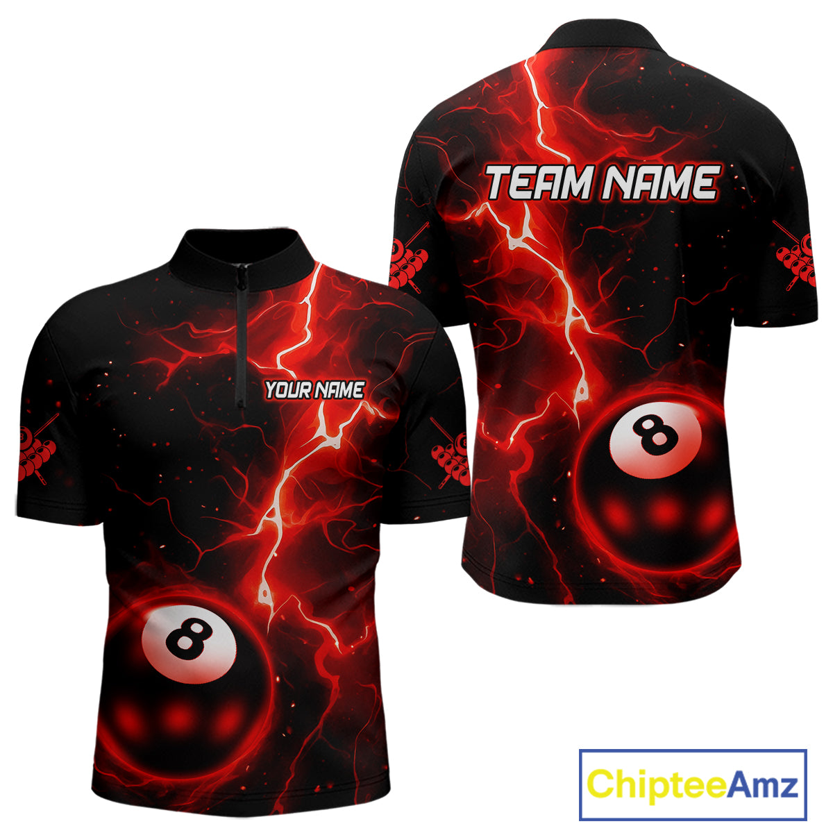 Red And Black 8 Ball Striking Thunder Lightning Billiard Shirt For Men Custom Pool Team Jerseys TDM4388
