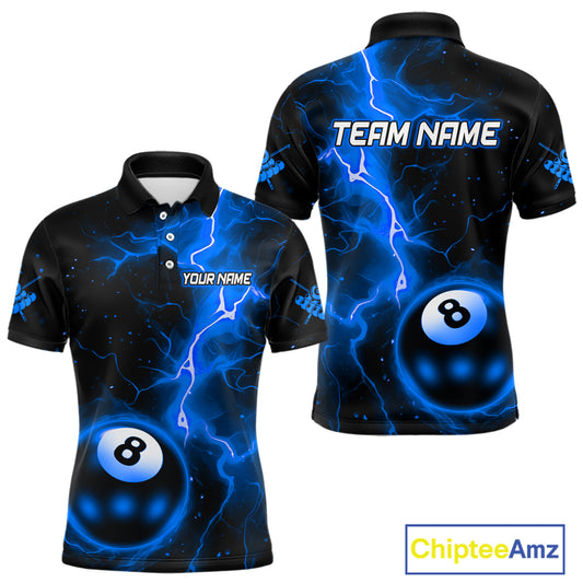 Blue And Black 8 Ball Striking Thunder Lightning Billiard Shirt For Men Custom Pool Team Jerseys TDM4389