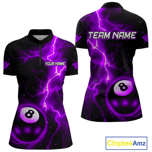 Purple And Black 8 Ball Striking Thunder Lightning Billiard Shirt For Women Custom Pool Team Jerseys TDM4390
