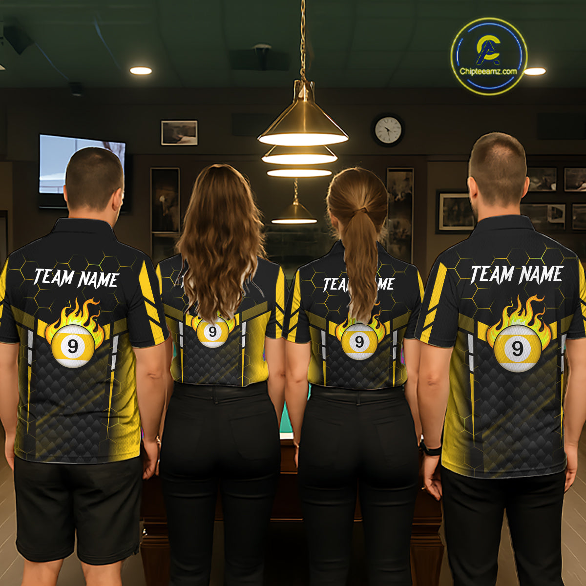 Personalized Yellow 9 Ball Flame Billiard Polo & Quarter Zip For Men, 9 Ball Pool Team Jersey TDM6127