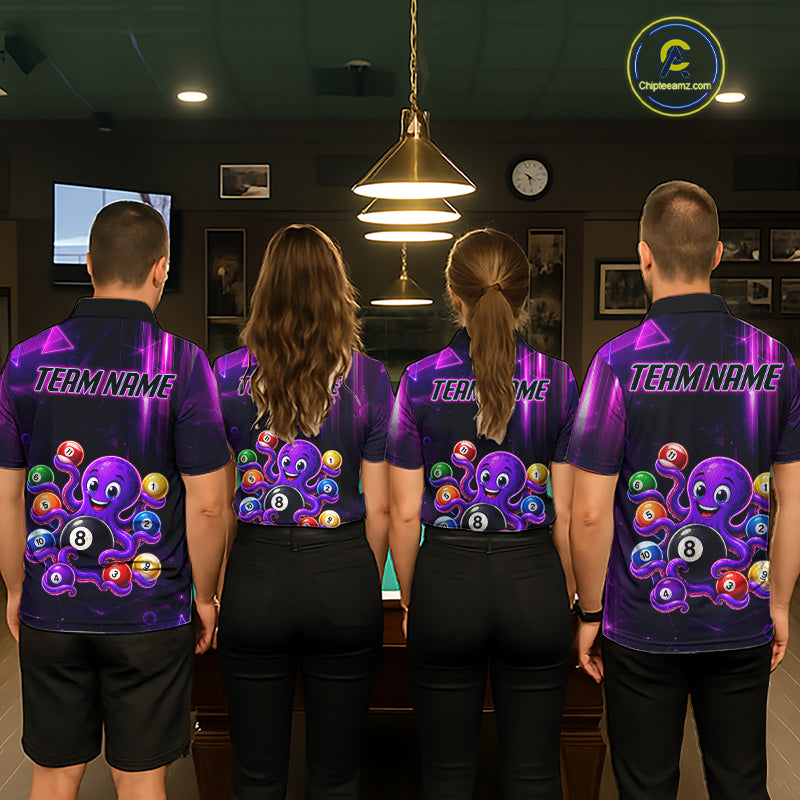 Pool Team Wearing Purple Funny Neon Octopus 8 Ball Custom Billiard League Jerseys Featuring the Complete Back Artwork, Back View