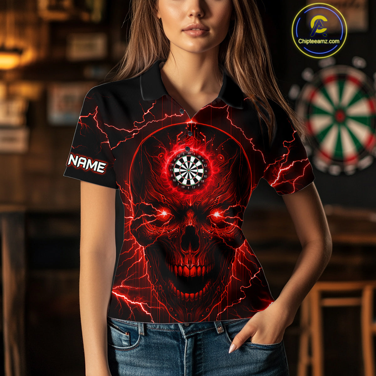 Personalized Red Darts Skull Shirt For Women Custom Polo & 1/4 Zip Lightning Thunder Darts Jersey TDM4621