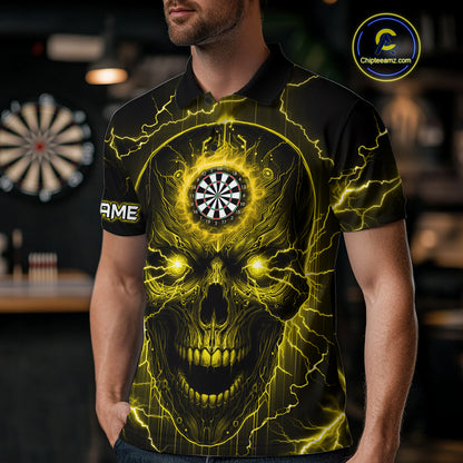 Personalized Yellow Darts Skull Shirt For Men Custom Polo & 1/4 Zip Lightning Thunder Darts Jersey TDM4622