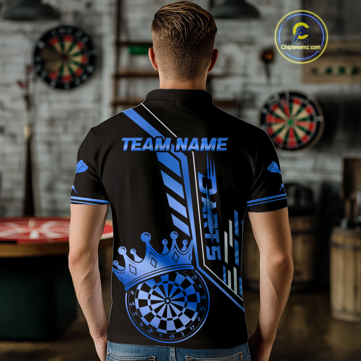 Black And Blue Funny Crown Darts Shirt Polo & 1/4 Zip For Men Custom Darts League Team Jersey TDM4823
