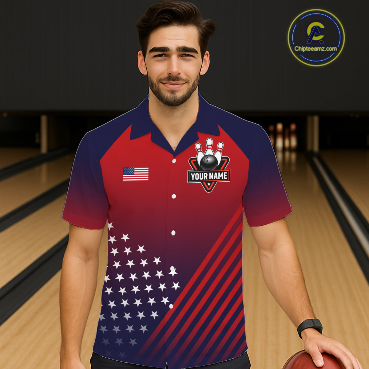 American Flag Hawaiian Bowling Shirt For Men Women Custom Patriotic Bowling Team Jersey |Red TDM5970