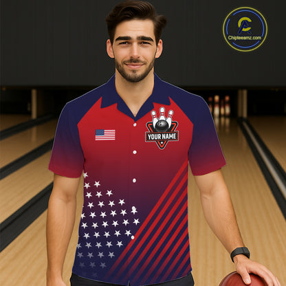 American Flag Hawaiian Bowling Shirt For Men Women Custom Patriotic Bowling Team Jersey |Red TDM5970