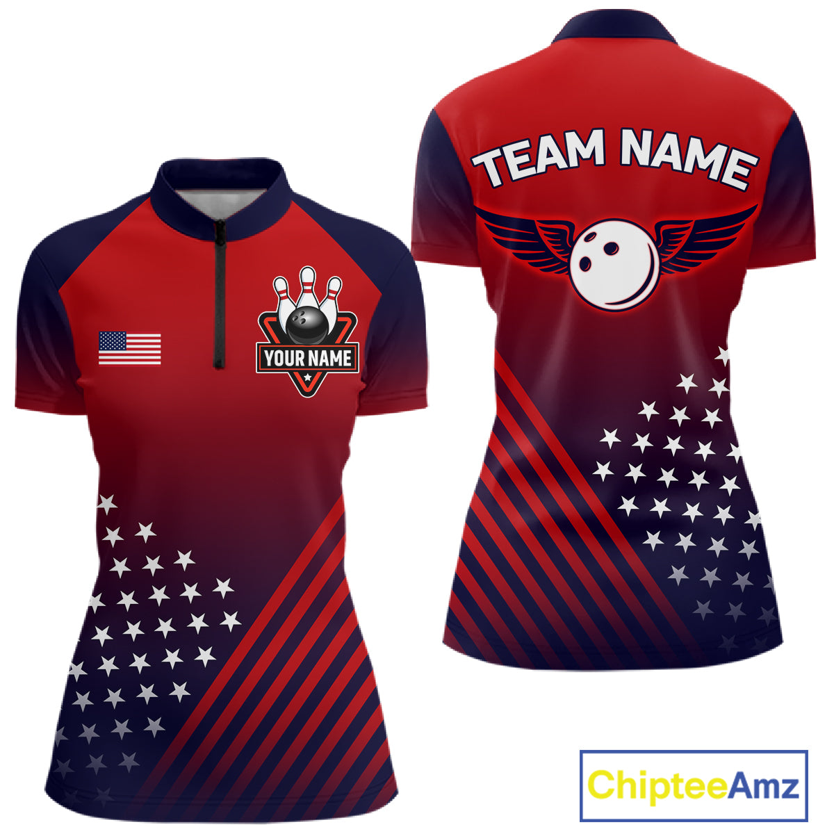 American Flag Bowling Jersey For Women Custom Patriotic Bowling Shirt Team Polo & 1/4 Zip |Red TDM5970