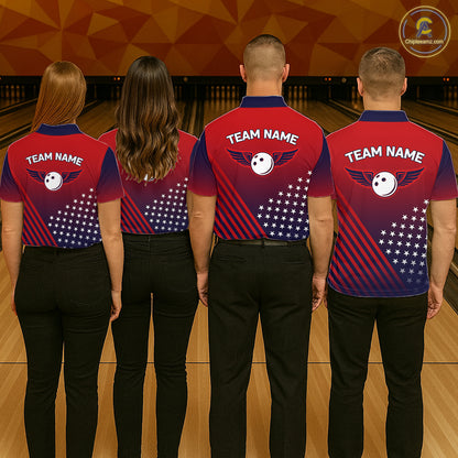 American Flag Bowling Jersey For Women Custom Patriotic Bowling Shirt Team Polo & 1/4 Zip |Red TDM5970