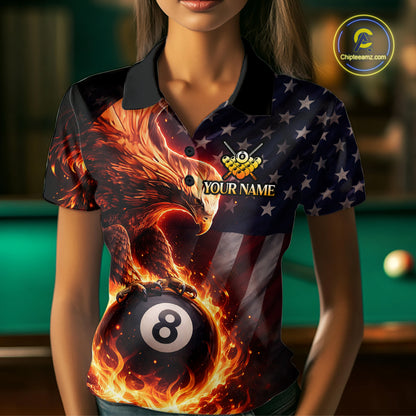 American Flag Flame 8 Ball Eagle Billiard Shirt For Women Custom Pool Team Shirt, Billiard Jersey TDM5787