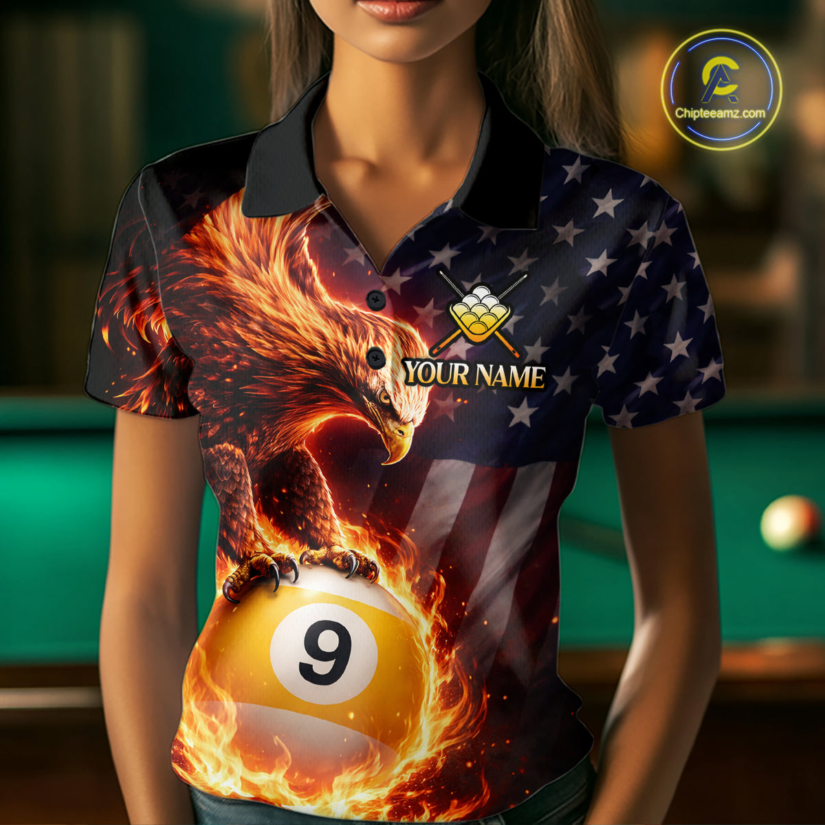 American Flag Flame 9 Ball Eagle Billiard Shirt For Women Custom Pool Team Shirt, Billiard Jersey TDM5788