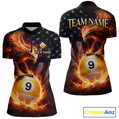 American Flag Flame 9 Ball Eagle Billiard Shirt For Women Custom Pool Team Shirt, Billiard Jersey TDM5788