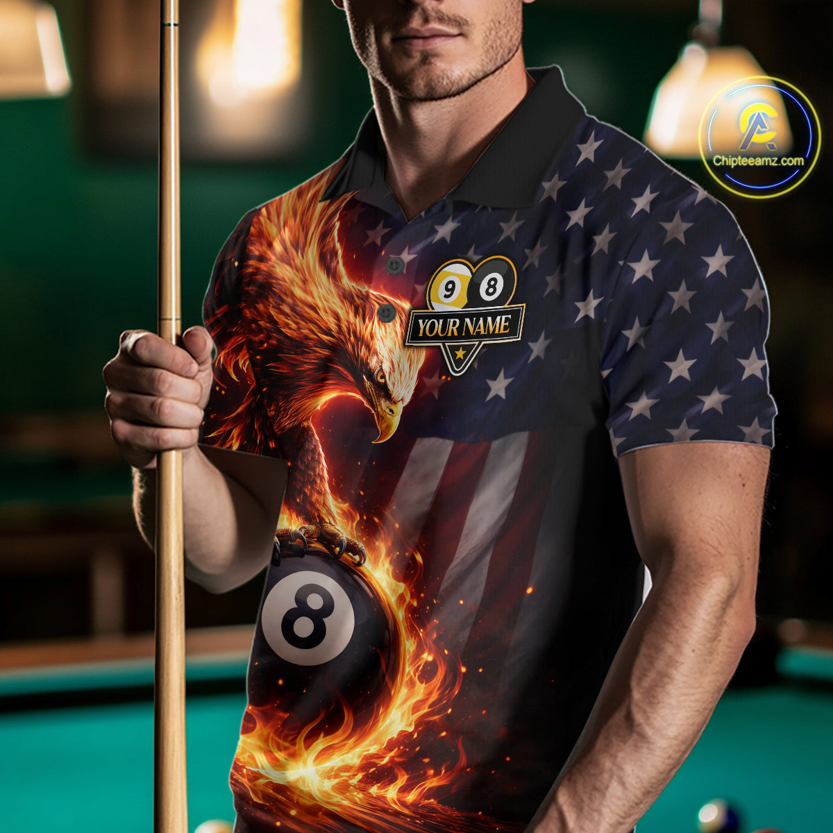 American Flag Flame 8 Ball & 9 Ball Eagle Billiard Shirt For Men Custom Patriotic Pool Team Jersey TDM5789
