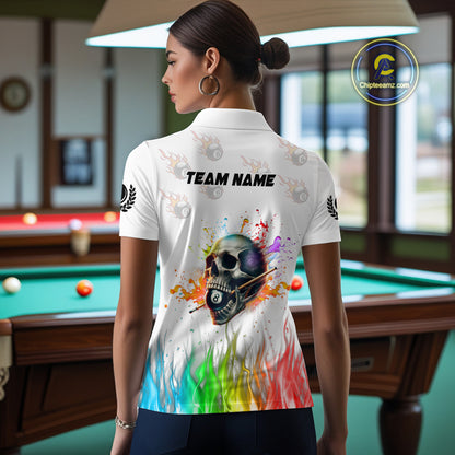 Funny Colorful Billiard Skull Personalized Women Polo Shirts, Custom Team Name Billiard Attire TDM1124