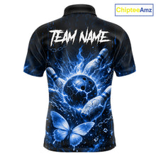Load image into Gallery viewer, Personalized Blue Butterfly Skull Bowling Shirt For Men Custom Bowling Jersey Polo &amp; 1/4 Zip TDM6384