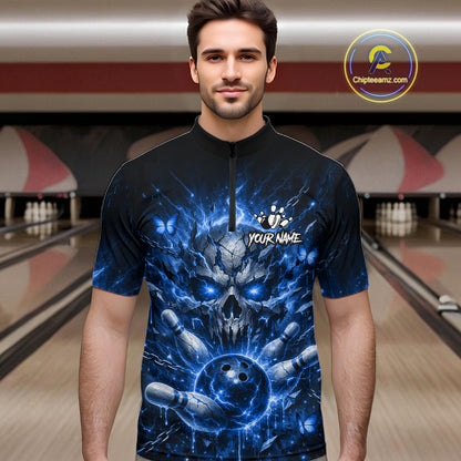 Personalized Blue Butterfly Skull Bowling Shirt For Men Custom Bowling Jersey Polo & 1/4 Zip TDM6384