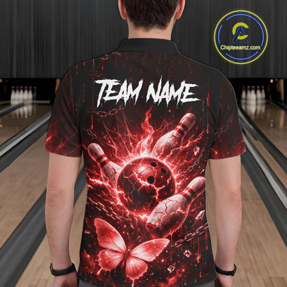 Personalized Red Butterfly Skull Bowling Shirt For Men Custom Bowling Jersey Polo & 1/4 Zip TDM6385