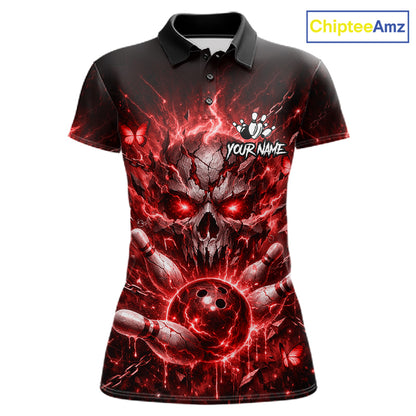 Personalized Red Butterfly Skull Bowling Shirt For Women Custom Bowling Jersey Polo & 1/4 Zip TDM6385