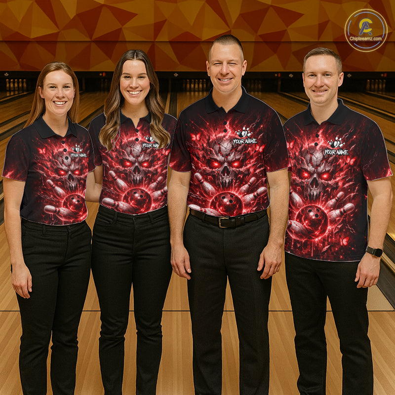 Personalized Red Butterfly Skull Bowling Shirt For Men Custom Bowling Jersey Polo & 1/4 Zip TDM6385
