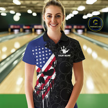 Load image into Gallery viewer, Custom American Flag Skull Bowling Jersey For Women, Patriotic Bowling Team Shirt Polo &amp; 1/4 Zip TDM6389