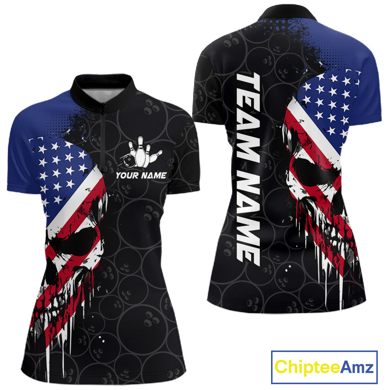 Custom American Flag Skull Bowling Jersey For Women, Patriotic Bowling Team Shirt Polo & 1/4 Zip TDM6389