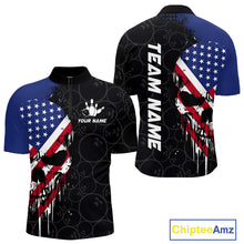 Load image into Gallery viewer, Custom American Flag Skull Bowling Jersey For Men, Patriotic Bowling Team Shirt Polo &amp; 1/4 Zip TDM6389