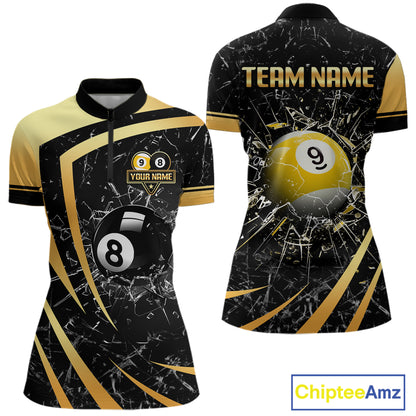 Black And Gold 8 Ball & 9 Ball Glass Break Billiard Shirt For Women Custom Pool Team Jersey Outfit TDM6151