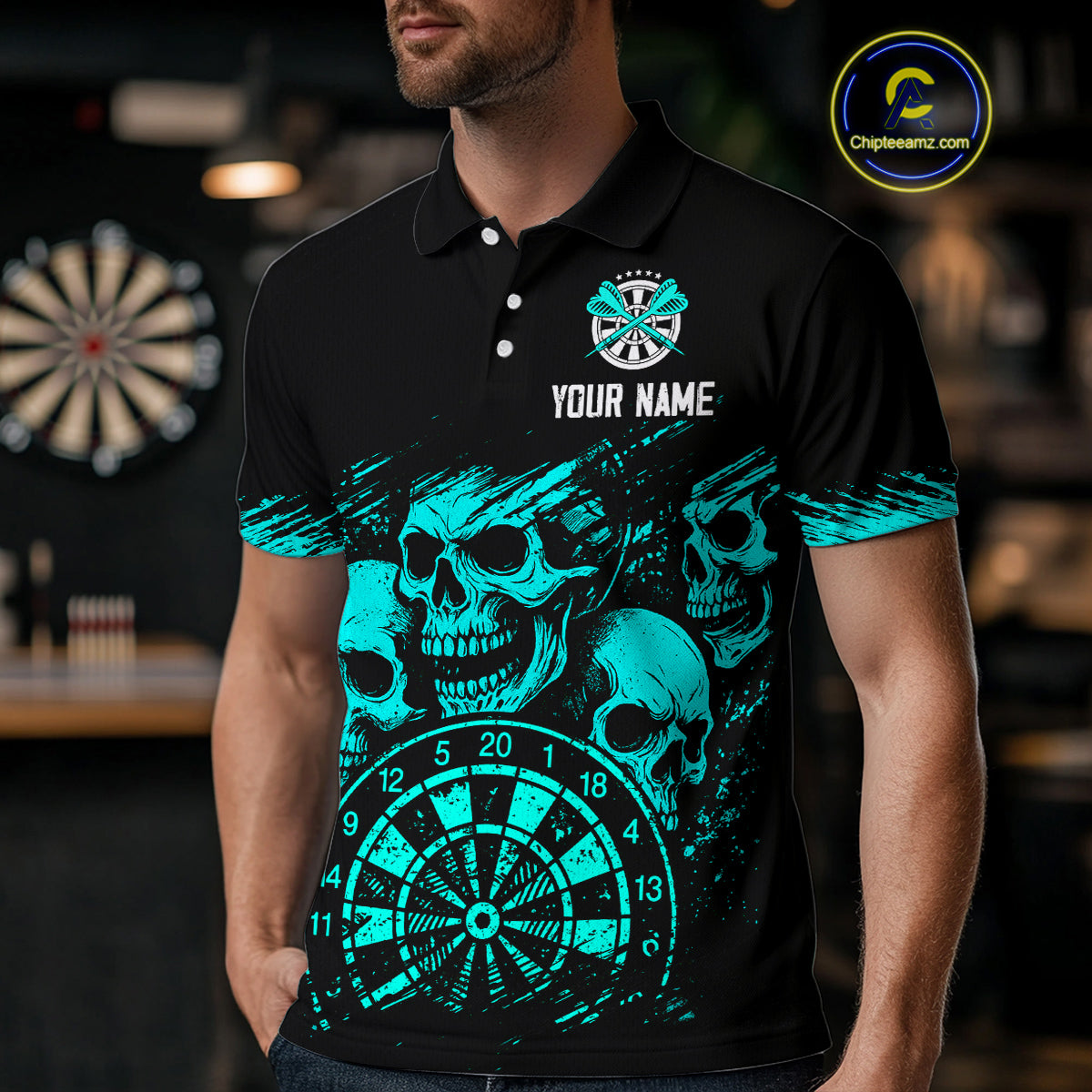 Custom Men's Grim Reaper Dart Shirt – Black Cyan Grunge Dart Jersey Team Polo & Quarter Zip Style TDM4068