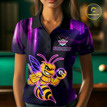 Load image into Gallery viewer, Woman wearing a neon funny bee 8 ball custom billiard jersey front view, personalized pool team shirt.