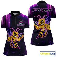 Load image into Gallery viewer, Neon funny bee 8 ball quarter zip billiard shirt for women, custom pool team jersey and tournament apparel.