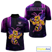 Load image into Gallery viewer, Neon funny bee 8 ball quarter zip billiard shirt for men, custom pool team jersey and tournament apparel.