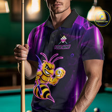 Load image into Gallery viewer, Man wearing a neon funny bee 9 ball custom billiard jersey front view, personalized pool team shirt.